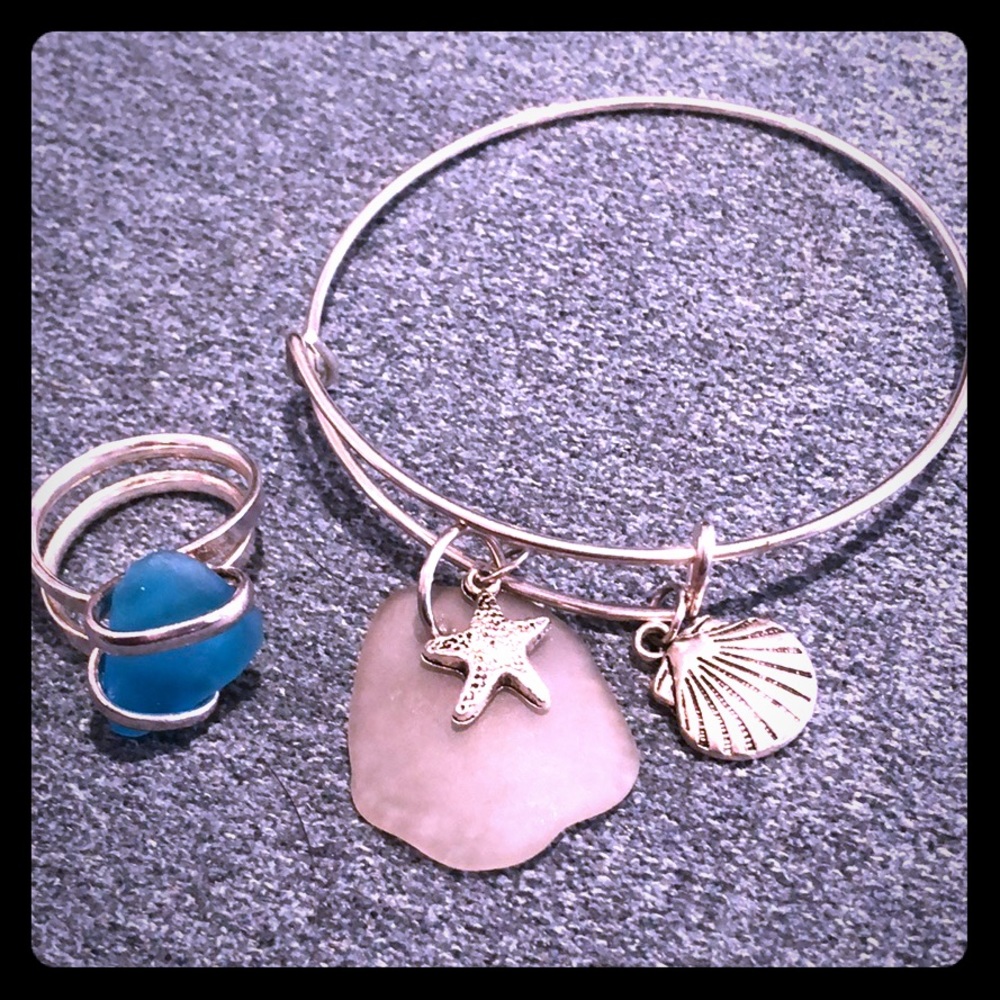 Sea Glass Set! Ring and Bangle Bracelet!